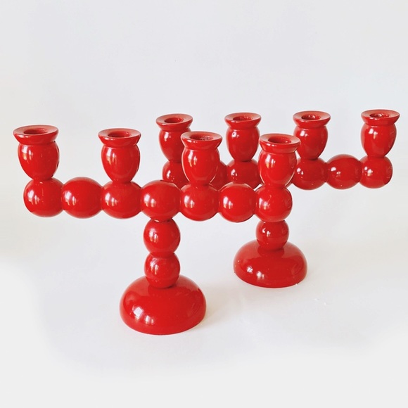 Set of 2 Vintage Swedish Red Wood Ball Candle Holder 4 arm Large Candelabra